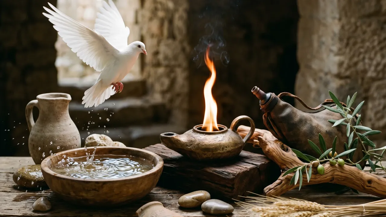 Mehrere symbolische Gegenstände und Dinge, für die verschiedenen Namen des Heiligen Geistes in der Bibel.