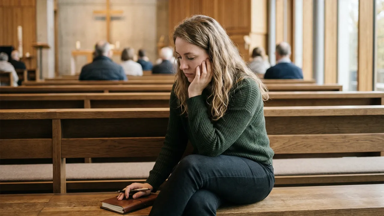 Eine christliche Frau mit dem Heiligen Geist sitzt nachdenklich auf einer Kirchenbank