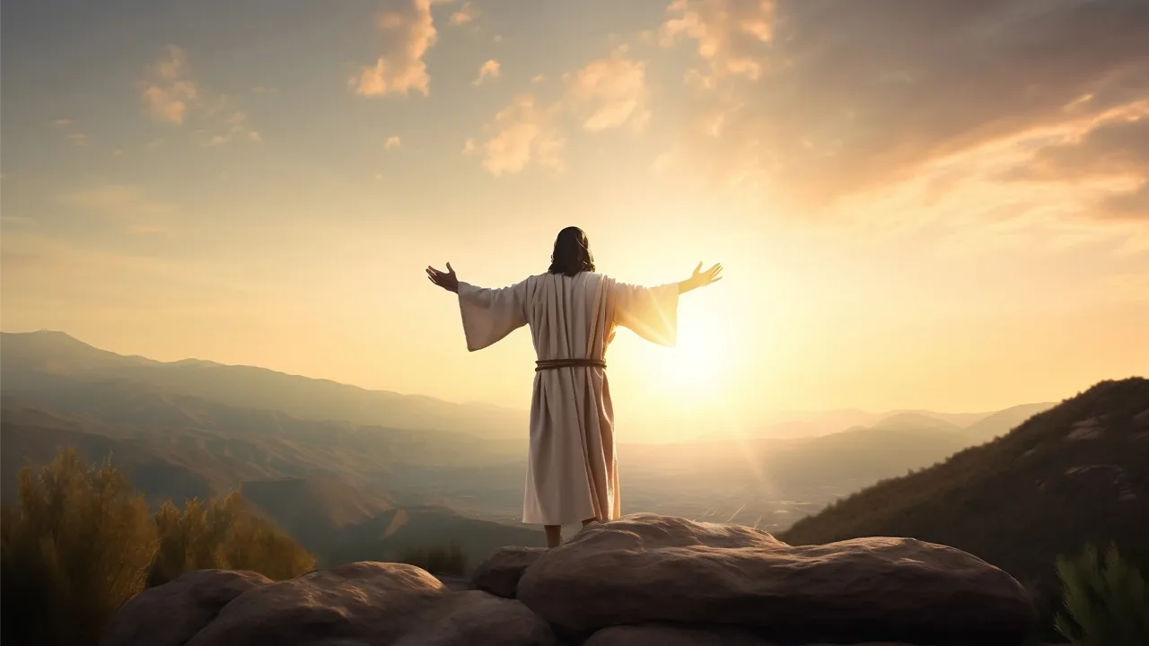 Portrait of serene Jesus Christ reading among apostles. Cinematic religious imagen of son of the God. Generative AI.