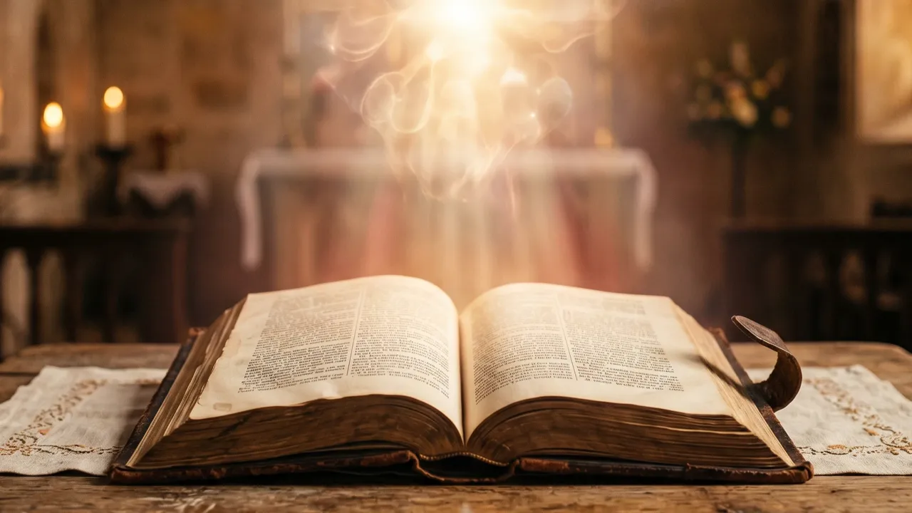 Eine Bibel liegt auf einem alten Holztisch und der Heilige Geist schwebt leuchtend.