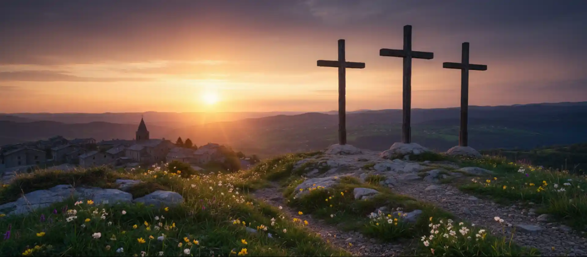 Drei Kreuze auf einem Hügel